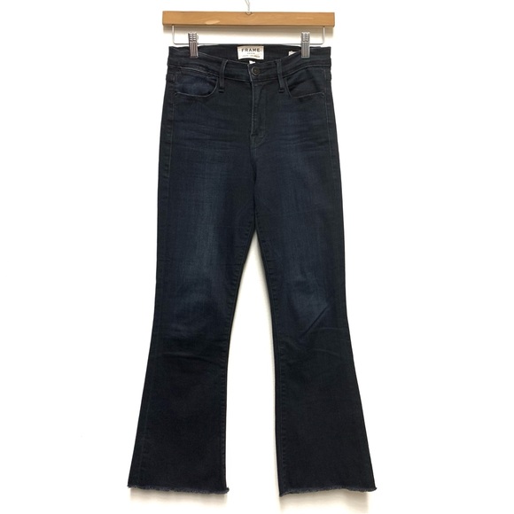 Frame Denim Le High Flare Roxy Raw Hem Size 26 Cropped Dark Wash Blue Stretch - Picture 3 of 11
